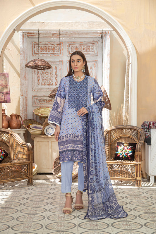 Unstitched Three Pc Embrioded Suite With Chiffon Dupatta