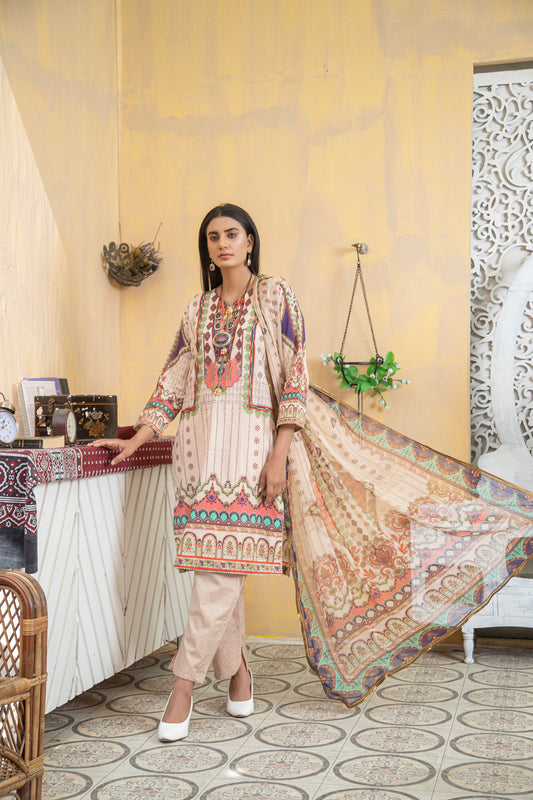 Unstitched Three Pc Printed Suite With Chiffon Dupatta