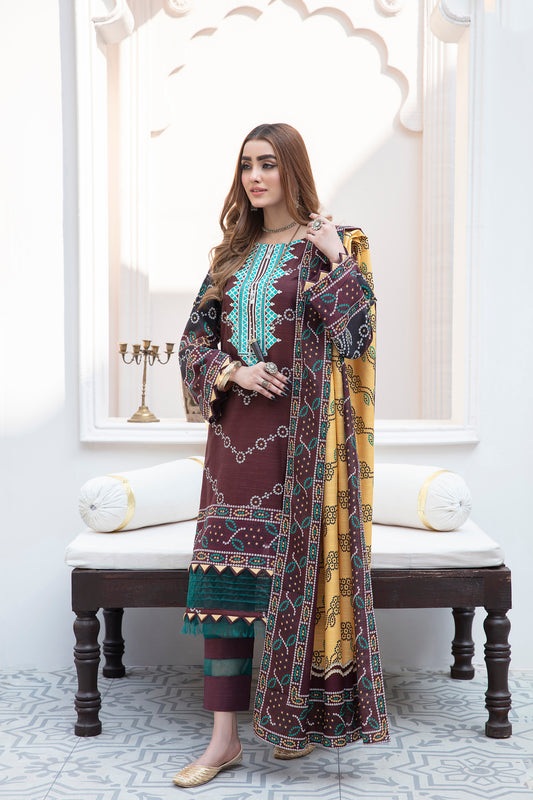 Unstitched 3 Piece Embroidered Khaddar Suit