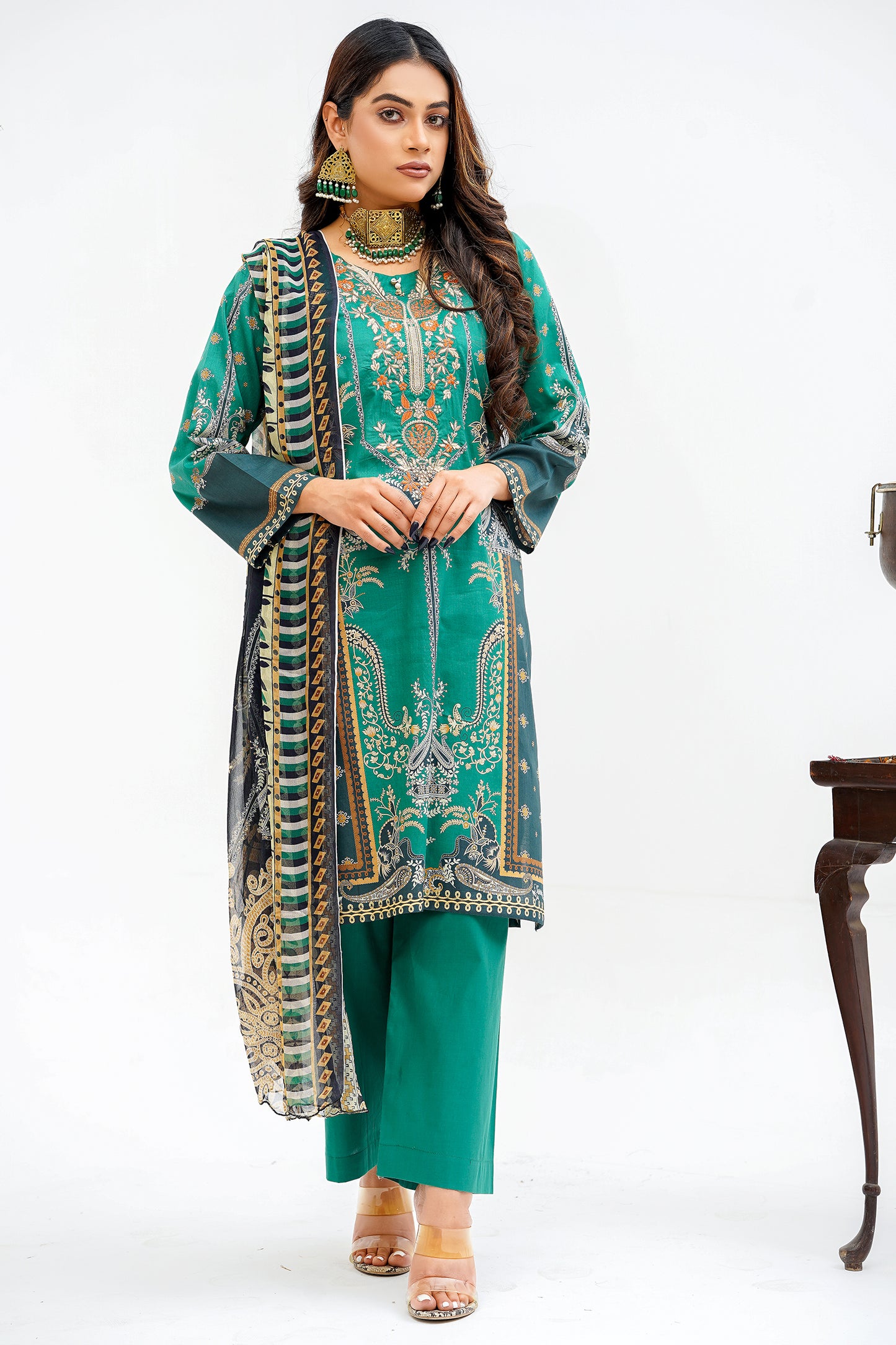 3 Piece Unstitched Embroided Lawn Suit with Chiffon Dupatta