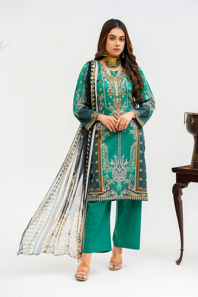 3 Piece Unstitched Embroided Lawn Suit with Chiffon Dupatta