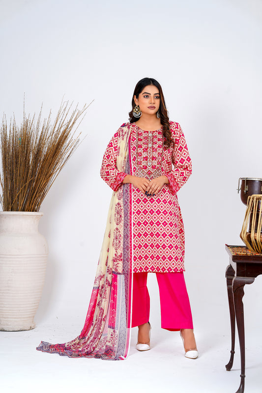 3 Piece Unstitched Embroidered Lawn Suit with Chiffon Dupatta