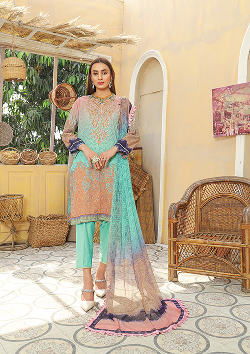 Unstitched Three Pc Embrioded Suite With Chiffon Dupatta