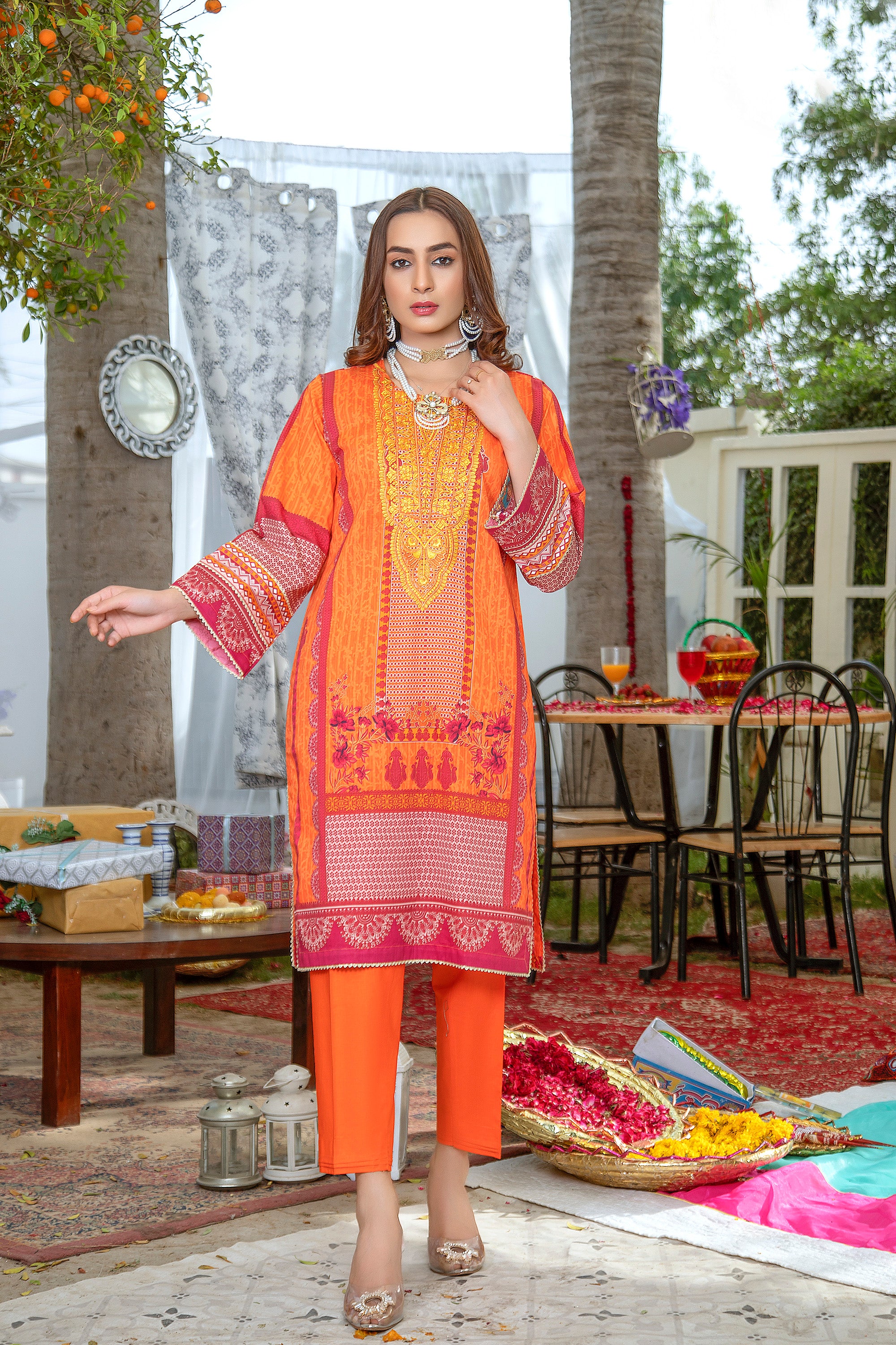 Unstitched Three Pc Embrioded Suite With Chiffon Dupatta