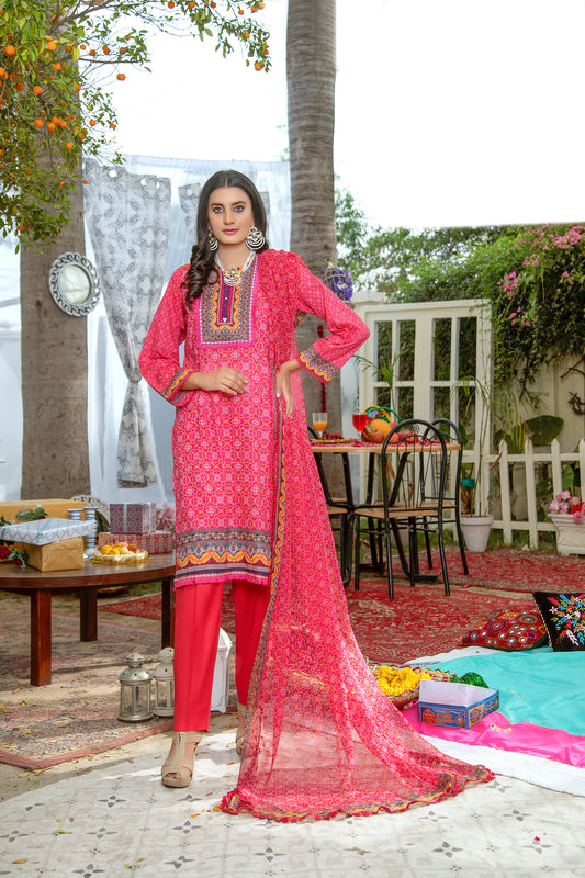 Unstitched Digital Printed 3Pc Suite With Chiffon Dupatta
