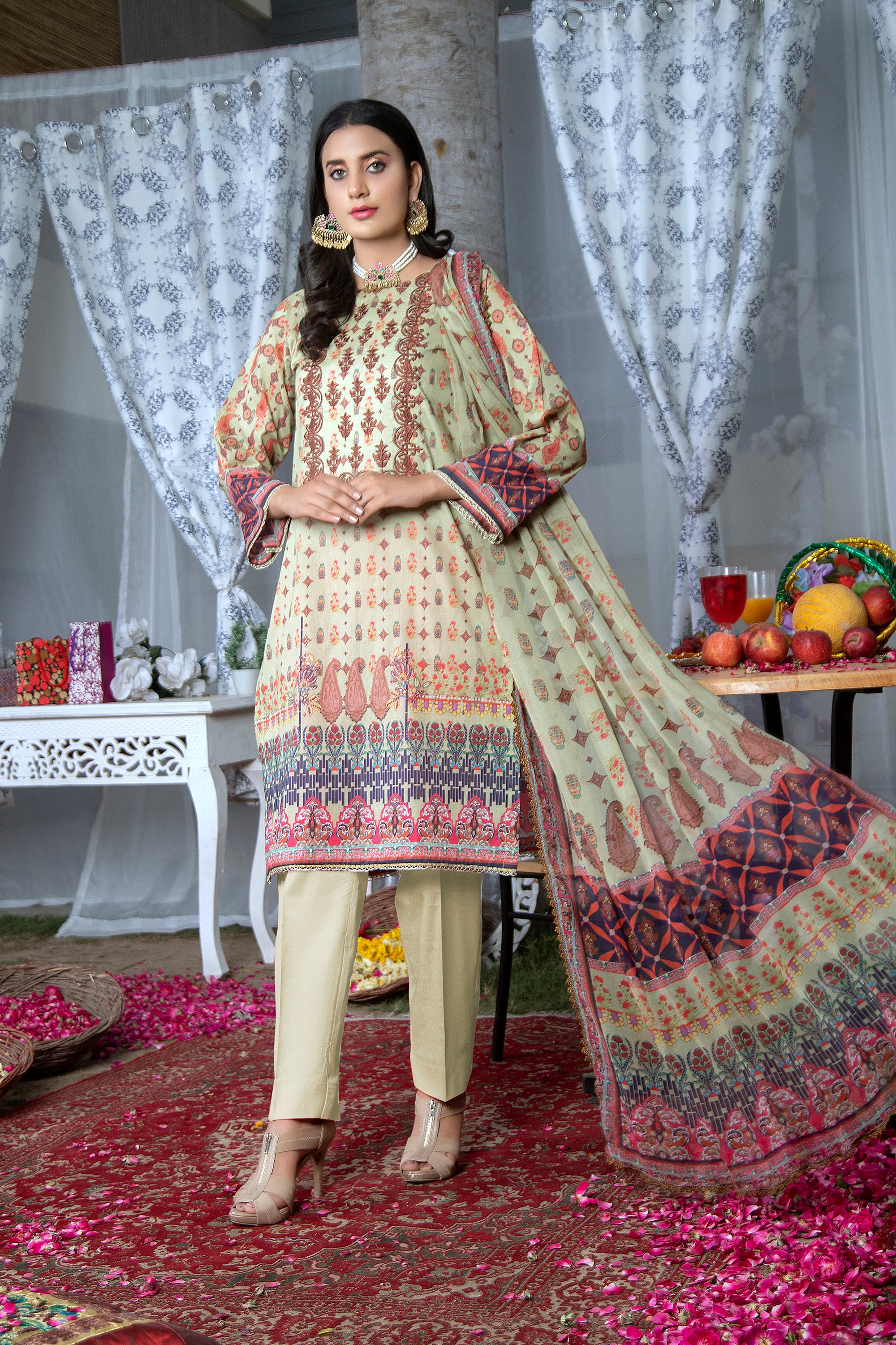 Unstitched Three Pc Embrioded Suite With Chiffon Dupatta